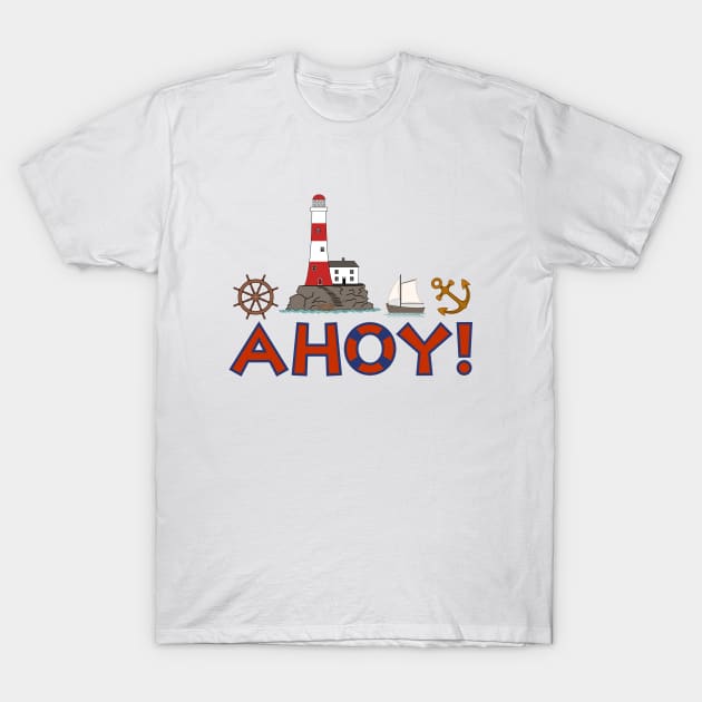 AHOY! Type+Lifebuoy Lighthouse Wheel Anchor Sailboat T-Shirt by NataliePaskell